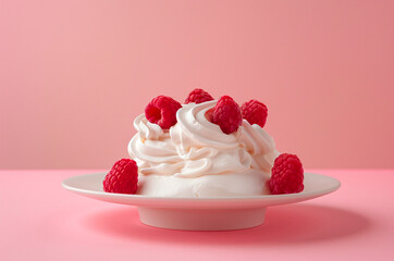Pavlova dessert with raspberries on a pink background, cake, pastry