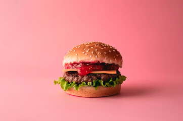 .Burger with jam on pink background