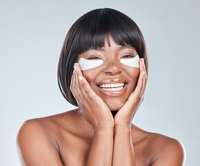 Eye mask, beauty and black woman portrait with cosmetics, skincare and dermatology in studio....