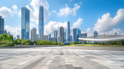 futuristic concrete architecture with a car park Empty square floor and city skyline with building background