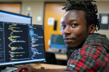 Computer science student interacting with advanced programming interfaces - Powered by Adobe