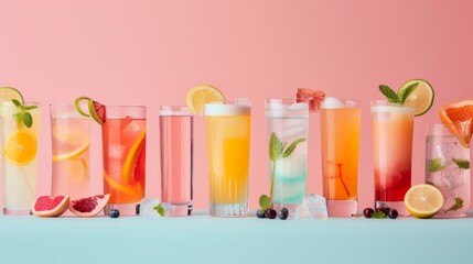 A row of colorful drinks with straws in them