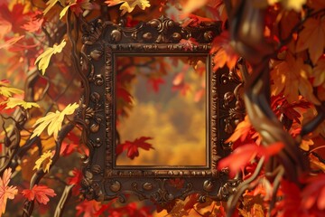 A frame with a leafy background and a mirror inside