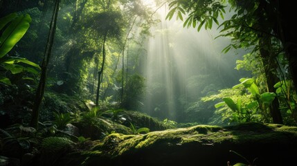 Lush green rainforest with sunlight streaming through the trees, 