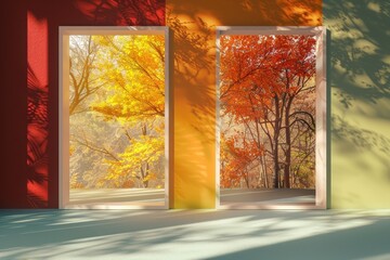 Two windows with trees in the foreground and a wall in the background