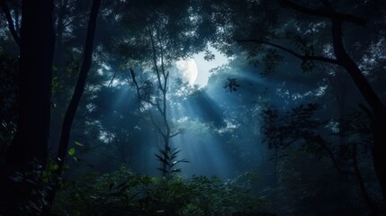 Fototapeta premium The moon illuminating a dense forest canopy, 