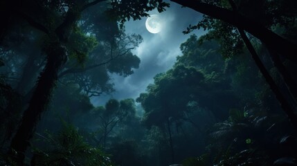 Fototapeta premium The moon illuminating a dense forest canopy, 