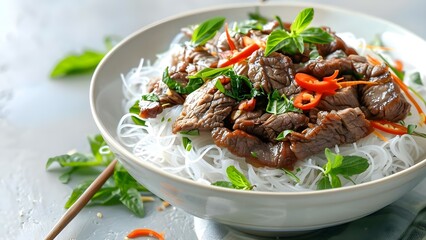 Bo Luc Lac: A Popular Vietnamese Dish Known as Shaking Beef. Concept Vietnamese Cuisine, Bo Luc Lac, Shaking Beef Recipe, Asian Cooking, Popular Vietnamese Dish - obrazy, fototapety, plakaty