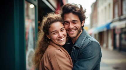 Fototapeta premium Young couple embracing and smiling at the camera, 