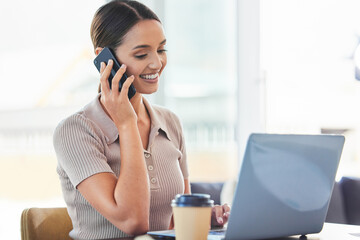 Online, phone call and girl in office with laptop for work as receptionist or personal assistant and conversation for schedule. Woman, technology and coffee in morning with communication for agenda.