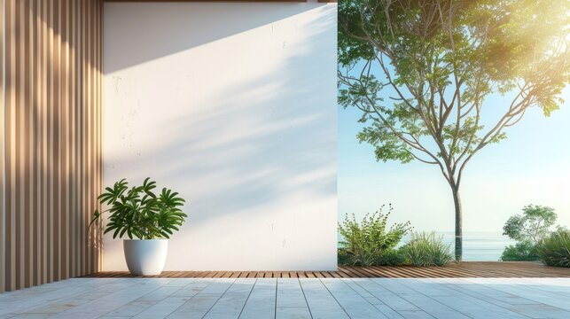 3d render of a modern minimal style exterior wooden balcony with empty concrete wall.