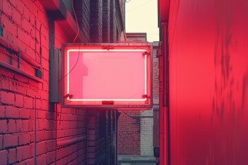 A neon sign is lit up in a brick alleyway