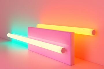 Two neon light tubes, one green and one yellow, placed on a pink background