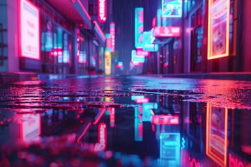 neon-lit city street with a neon sign above the street