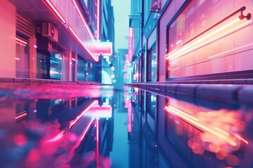 neon-lit city street with a neon sign above the street