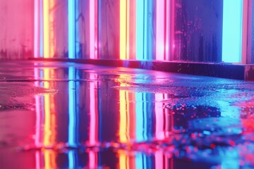 neon-lit city street with a neon sign above the street