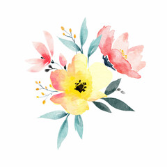 Beautiful floral composition with abstract watercolor hand drawn flowers. Stock clip art illustration. Floral bouquet.