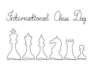 International Chess Day. Abstract chess, logo, continuous single line art hand drawing sketch