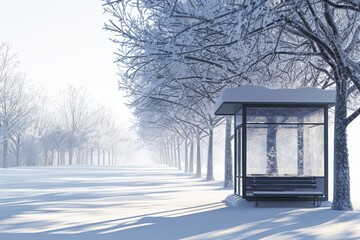 A snow covered park with a bench and a small building