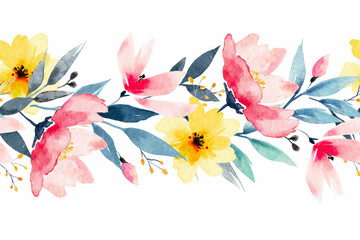 Watercolor flowers seamless illustration horizontal pattern. Abstract floral bouquet