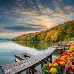 autumn landscape with lake and bench