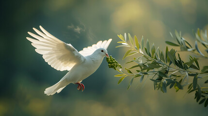 White dove flying in the sky of peace on simple background
 .Generative AI