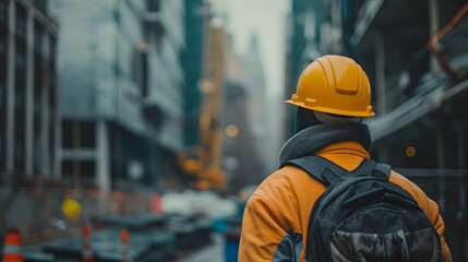 Image of a construction worker in a hard hat at a busy urban construction site