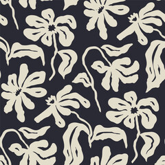 Monochrome black and white brush strokes inky flowers seamless pattern. Abstract floral contemporary background.