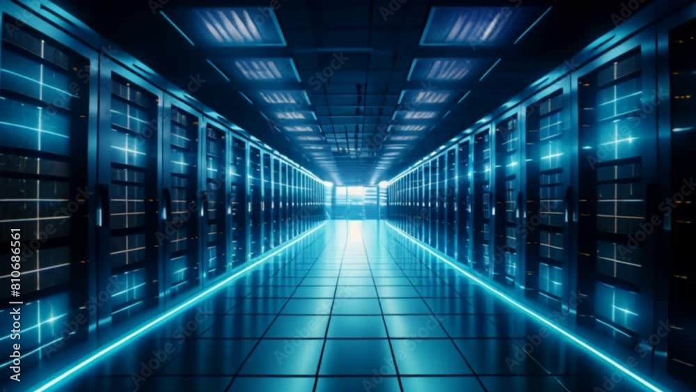Aufkleber A bustling data center filled with rows upon rows of servers, their lights blinking in a mesmerizing rhythm.A long hallway with blue lights and a window.