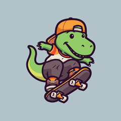 Vector Cartoon Illustration of Cute Dinosaur Skateboard