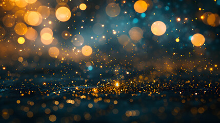 golden sparkling bokeh scattered across deep blue backdrop interplay light color creates vivid almost ethereal quality making excellent choice for backgrounds that convey celebration, luxury, or magic