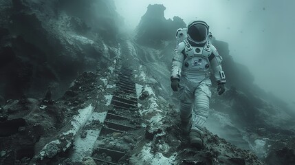 Immerse viewers with a spine-chilling low-angle view of a space explorer in a dark