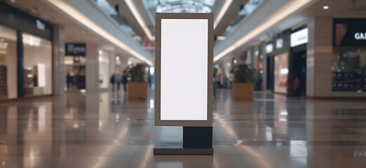 modern shopping mall corridor with a central digital advertisement display perspective highlights the mall's spacious design and reflective flooring, capturing essence of contemporary retail spaces