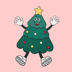 Vector christmas object retro character happy christmas tree