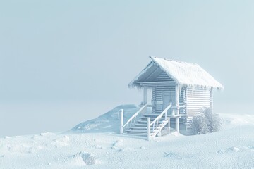 Fototapeta premium A small, snow-covered cabin sits on a hill in the middle of a snowy landscape