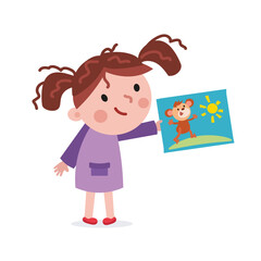 Cute little girl with drawing in hand. Cartoon character. Isolated vector illustration on white background. 