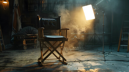 empty director's chair on a dimly lit, atmospheric film set, highlighted by a single bright stage light amidst a backdrop of dust shadowy equipment, suggesting an eerie, suspenseful pause production