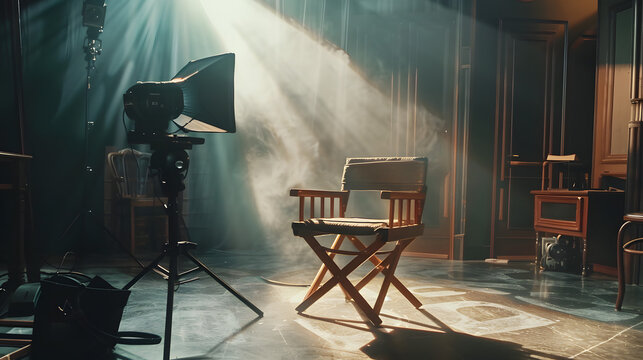 A solitary director's chair stands under the intense spotlight on a quiet film set, enveloped by beams of light that pierce through the ambient haze, creating a dramatic and contemplative atmosphere.