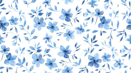 seamless pattern freshness spring soft watercolor blue flowers foliage distributed elegantly across white background textiles, wallpapers spring-themed decor that seeks a gentle airy aesthetic.