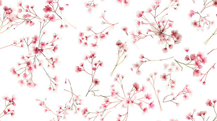 seamless pattern delicate pink floral sprigs scattered across pristine white background embodying gentle graceful aesthetic springtime fabrics, elegant wallpapers, and subtle home decor.