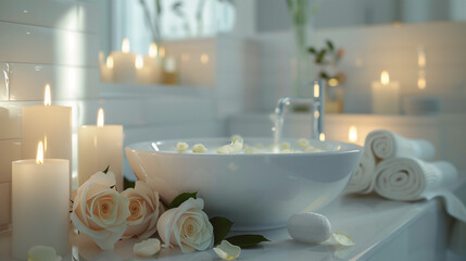 Obraz na płótnie Canvas candles and rose in the washroom sink