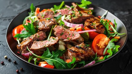 Fototapeta premium Asian-style beef salad with vegetables on dark plate.