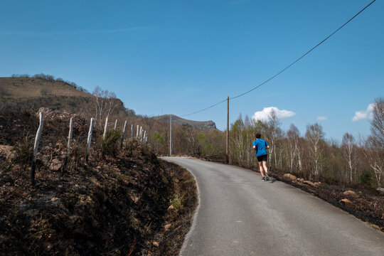 Estrada ladeada por monte queimado de um incêndio florestal com um jovem atleta determinado a correr em meio a uma curva