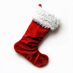 Red gift stocking with wrapped gifts. White background. Christmas. Christmas theme