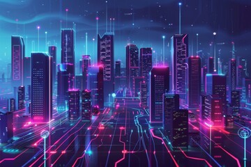 Futuristic smart city skyline with glowing lights