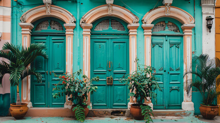 View of beautiful building with green wooden doors