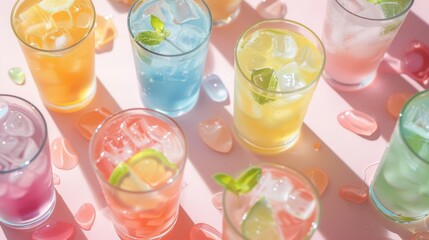 A row of colorful drinks with ice cubes and lime slices