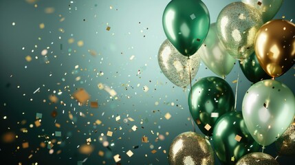 Sparkling green and gold balloons with confetti on teal background.