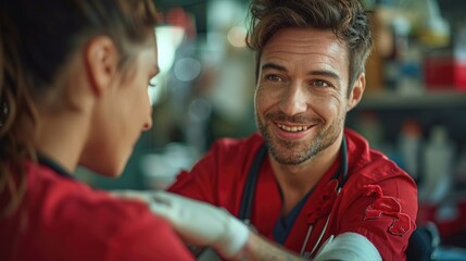 Obraz premium Smiling Male Nurse Listening to Female Colleague in Hospital
