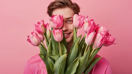 Man Hiding Behind Pink Tulips